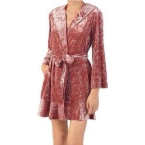 BETSEY JOHNSON Mauve Pink Velvet Robe‎ Belt Size XS S Wrap Bath Casual Soft Cozy
